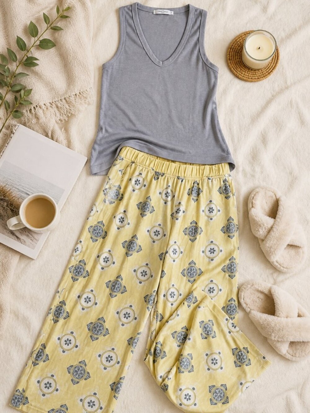 Staccato Lounge Set Pajama Tank & Wide Leg Pants Yellow Print Size S